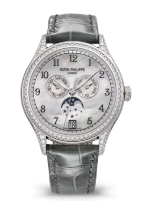 Patek Philippe Complications White gold and White Balinese mother-of-pearl dial diamond set case light gray Alligator leather Strap Ref. 4948G-010
