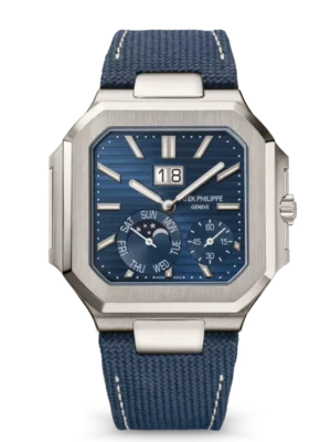 Patek Philippe Cubitus Platinum, Baguette-cut diamond set at 6 o’clock and Sunburst blue dial navy blue Composite material, fabric strap Ref. 5822P-001
