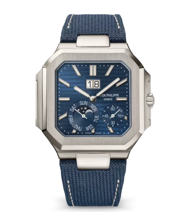 Patek Philippe Cubitus Platinum, Baguette-cut diamond set at 6 o’clock and Sunburst blue dial navy blue Composite material, fabric strap Ref. 5822P-001