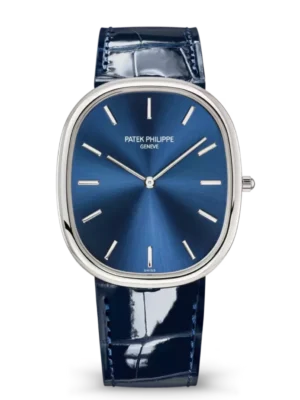 Patek Philippe Golden Ellipse Platinum, Diamond set at 6 o’clock and Sunburst blue dial shiny navy blue Alligator leather strap Ref. 5738P-001