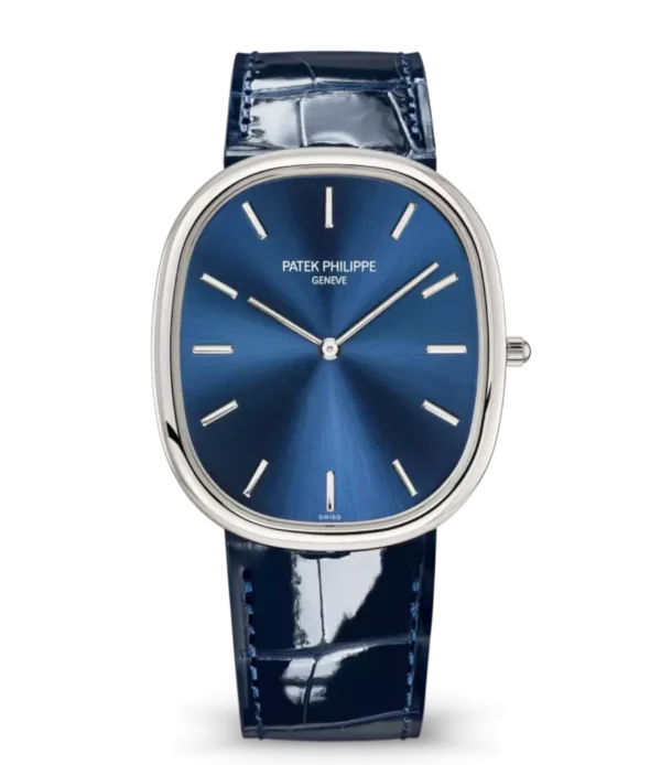 Patek Philippe Golden Ellipse Platinum, Diamond set at 6 o’clock and Sunburst blue dial shiny navy blue Alligator leather strap Ref. 5738P-001