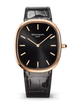 Patek Philippe Golden Ellipse Rose gold and Sunburst ebony black dial shiny black Alligator leather strap Ref. 5738R-001