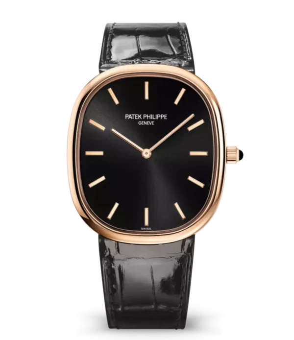 Patek Philippe Golden Ellipse Rose gold and Sunburst ebony black dial shiny black Alligator leather strap Ref. 5738R-001