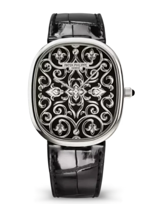 Patek Philippe Golden Ellipse White gold and black enameled dial shiny black Alligator leather strap Ref. 5738/51G-001
