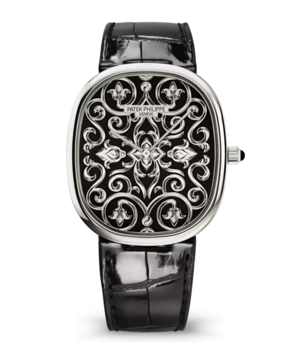 Patek Philippe Golden Ellipse White gold and black enameled dial shiny black Alligator leather strap Ref. 5738/51G-001