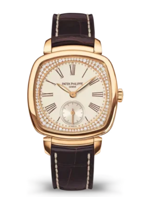 Patek Philippe Gondolo Rose gold and Silvery grained, diamond set dial shiny dark chestnut Alligator leather strap Ref. 7041R-001