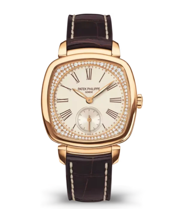 Patek Philippe Gondolo Rose gold and Silvery grained, diamond set dial shiny dark chestnut Alligator leather strap Ref. 7041R-001