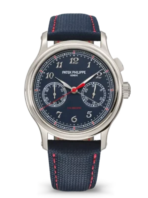 Patek Philippe Grand Complications Platinum, Diamond set at 6 o’clock and Blue varnished dial blue Calfskin, fabric Strap Ref. 5470P-001