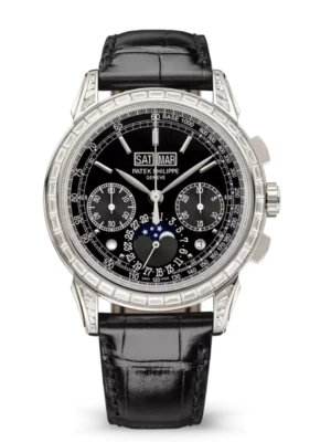 Patek Philippe Grand Complications Platinum, Diamond set at 6 o’clock and Lacquered black, baguette-cut diamonds dial baguette-cut diamonds bezel black Alligator leather Strap Ref. 5271P-010