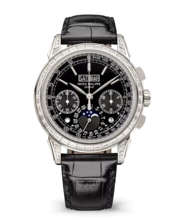 Patek Philippe Grand Complications Platinum, Diamond set at 6 o’clock and Lacquered black, baguette-cut diamonds dial baguette-cut diamonds bezel black Alligator leather Strap Ref. 5271P-010