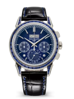 Patek Philippe Grand Complications Platinum, Diamond set at 6 o’clock and Lacquered blue, baguette-cut sapphires dial baguette-cut sapphires bezel black Alligator leather Strap Ref. 5271/11P-010