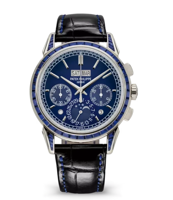 Patek Philippe Grand Complications Platinum, Diamond set at 6 o’clock and Lacquered blue, baguette-cut sapphires dial baguette-cut sapphires bezel black Alligator leather Strap Ref. 5271/11P-010