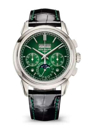 Patek Philippe Grand Complications Platinum, Diamond set at 6 o’clock and Lacquered green dial black Alligator leather Strap Ref. 5270P-014