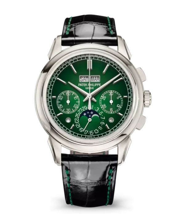 Patek Philippe Grand Complications Platinum, Diamond set at 6 o’clock and Lacquered green dial black Alligator leather Strap Ref. 5270P-014