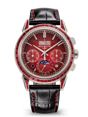 Patek Philippe Grand Complications Platinum, Diamond set at 6 o’clock and Lacquered red dial baguette-cut rubies bezel black Alligator leather Strap Ref. 5271/12P-010