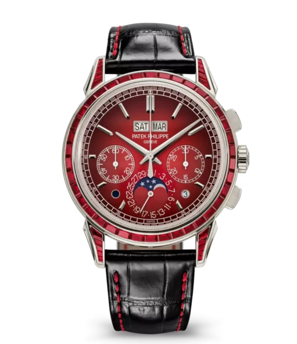 Patek Philippe Grand Complications Platinum, Diamond set at 6 o’clock and Lacquered red dial baguette-cut rubies bezel black Alligator leather Strap Ref. 5271/12P-010