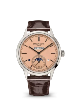 Patek Philippe Grand Complications Platinum, Diamond set at 6 o’clock and Rose-gilt opaline dial brown Alligator leather Strap Ref. 5236P-010
