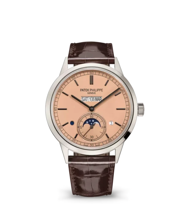 Patek Philippe Grand Complications Platinum, Diamond set at 6 o’clock and Rose-gilt opaline dial brown Alligator leather Strap Ref. 5236P-010