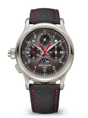 Patek Philippe Grand Complications Platinum, Diamond set at 12 o’clock and Charcoal gray dial black Calfskin, fabric Strap Ref. 5373P-001