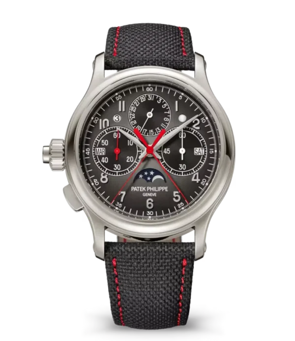 Patek Philippe Grand Complications Platinum, Diamond set at 12 o’clock and Charcoal gray dial black Calfskin, fabric Strap Ref. 5373P-001