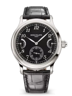 Patek Philippe Grand Complications Platinum, Diamond set at 12 o’clock and Grand Feu black enamel dial shiny black Alligator leather Strap Ref. 6301P-001