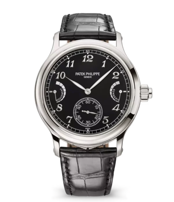 Patek Philippe Grand Complications Platinum, Diamond set at 12 o’clock and Grand Feu black enamel dial shiny black Alligator leather Strap Ref. 6301P-001