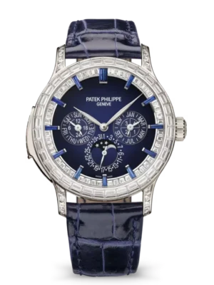 Patek Philippe Grand Complications Platinum, Diamond set at 6 o’clock and Lacquered blue dial baguette-cut diamonds bezel dusk blue Alligator leather Strap Ref. 5374/300P-001