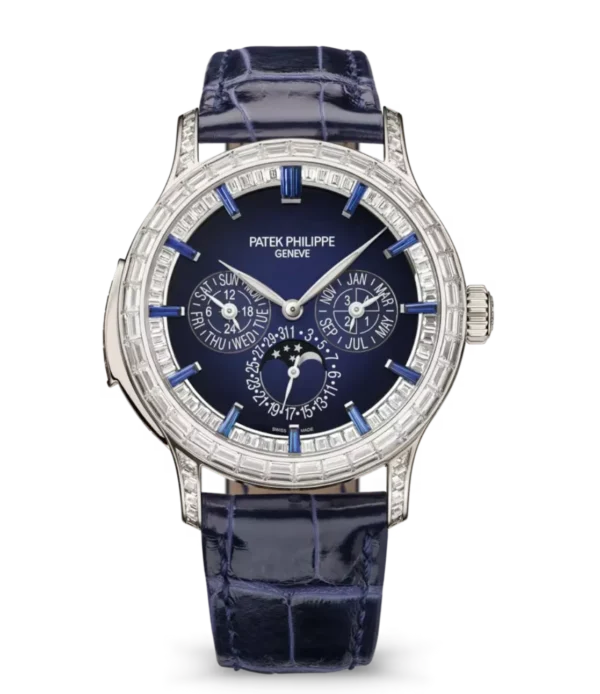 Patek Philippe Grand Complications Platinum, Diamond set at 6 o’clock and Lacquered blue dial baguette-cut diamonds bezel dusk blue Alligator leather Strap Ref. 5374/300P-001