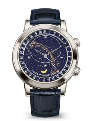 Patek Philippe Grand Complications Platinum, Diamond set at 6 o’clock and White gold skeletonized dial navy blue Alligator leather Strap Ref. 6102P-001