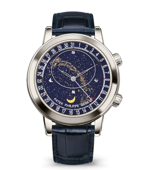 Patek Philippe Grand Complications Platinum, Diamond set at 6 o’clock and White gold skeletonized dial navy blue Alligator leather Strap Ref. 6102P-001