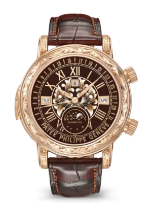 Patek Philippe Grand Complications Rose gold and cloisonné brown enamel dial patinated chestnut Alligator leather Strap Ref. 6002R-001
