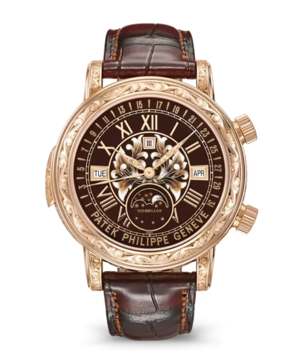 Patek Philippe Grand Complications Rose gold and cloisonné brown enamel dial patinated chestnut Alligator leather Strap Ref. 6002R-001