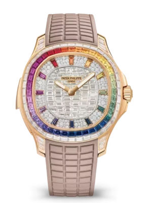 Patek Philippe Grand Complications Rose gold and Paved with baguette-cut diamonds dial baguette-cut diamonds bezel Composite material, beige Strap Ref. 5260/355R-001