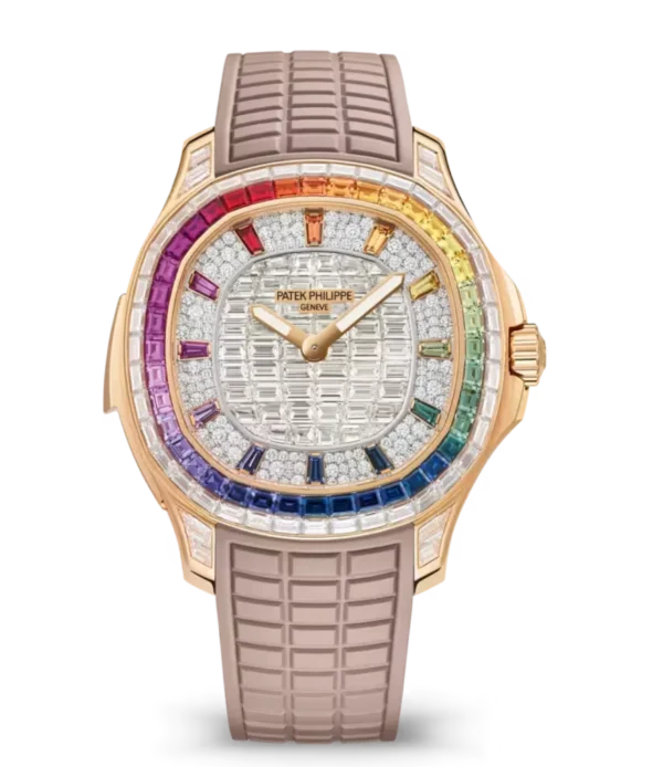 Patek Philippe Grand Complications Rose gold and Paved with baguette-cut diamonds dial baguette-cut diamonds bezel Composite material, beige Strap Ref. 5260/355R-001