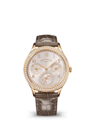 Patek Philippe Grand Complications Rose gold and Silvery sunburst dial diamond set bezel gray Alligator leather Strap Ref. 7140R-001