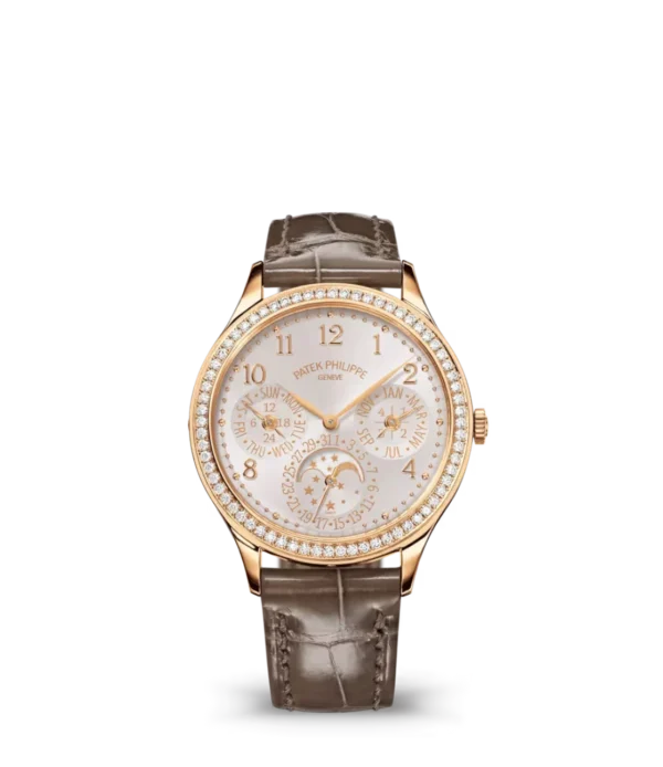 Patek Philippe Grand Complications Rose gold and Silvery sunburst dial diamond set bezel gray Alligator leather Strap Ref. 7140R-001