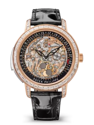 Patek Philippe Grand Complications Rose gold and White gold skeletonized dial baguette-cut diamonds bezel shiny black Alligator leather Strap Ref. 5304/301R-001
