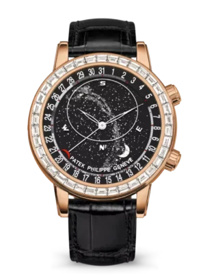 Patek Philippe Grand Complications Rose gold and White gold skeletonized dial baguette-cut diamonds bezel shiny black Alligator leather Strap Ref. 6104R-001