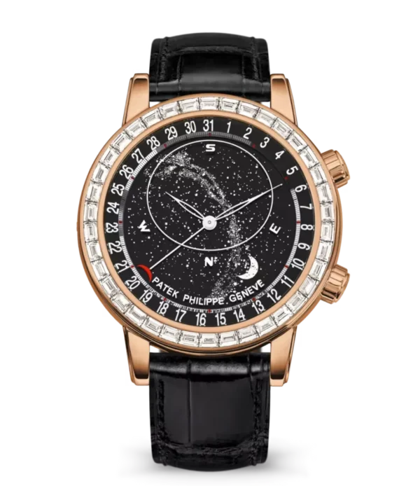 Patek Philippe Grand Complications Rose gold and White gold skeletonized dial baguette-cut diamonds bezel shiny black Alligator leather Strap Ref. 6104R-001