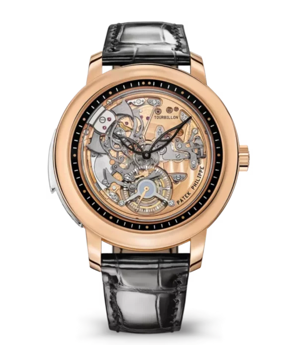 Patek Philippe Grand Complications Rose gold and White gold skeletonized dial shiny black Alligator leather Strap Ref. 5303R-001
