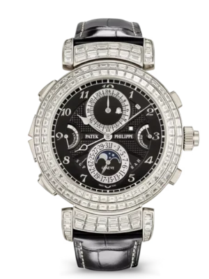 Patek Philippe Grand Complications White gold and Ebony black opaline dial baguette-cut diamonds bezel shiny black Alligator leather Strap Ref. 6300/400G-001