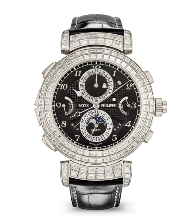 Patek Philippe Grand Complications White gold and Ebony black opaline dial baguette-cut diamonds bezel shiny black Alligator leather Strap Ref. 6300/400G-001