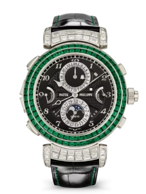 Patek Philippe Grand Complications White gold and Ebony black opaline dial baguette-cut emeralds bezel shiny black Alligator leather Strap Ref. 6300/403G-001