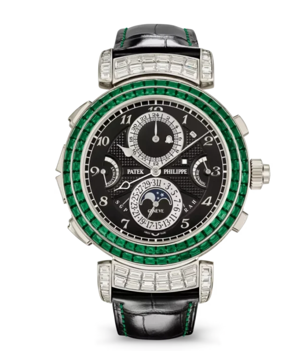 Patek Philippe Grand Complications White gold and Ebony black opaline dial baguette-cut emeralds bezel shiny black Alligator leather Strap Ref. 6300/403G-001