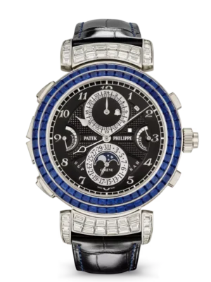 Patek Philippe Grand Complications White gold and Ebony black opaline dial baguette-cut sapphires bezel shiny black Alligator leather Strap Ref. 6300/401G-001