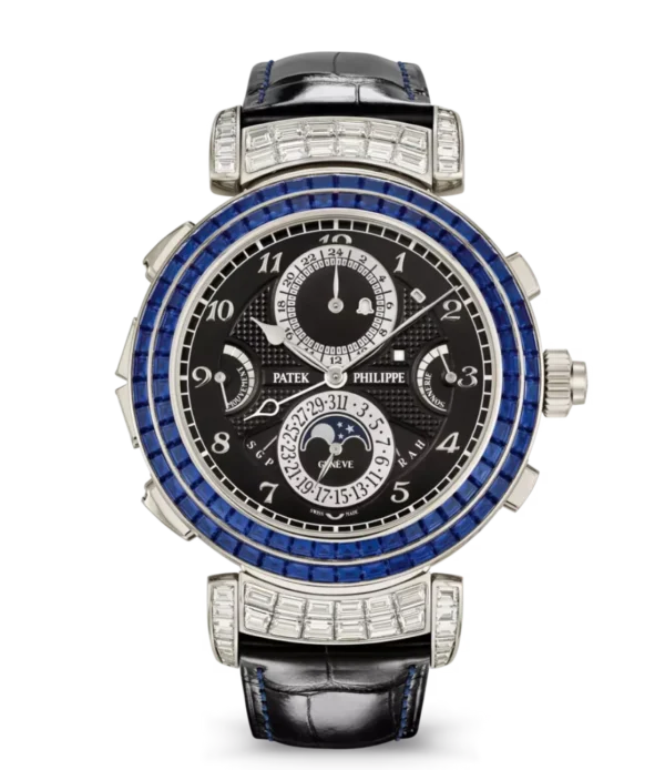Patek Philippe Grand Complications White gold and Ebony black opaline dial baguette-cut sapphires bezel shiny black Alligator leather Strap Ref. 6300/401G-001