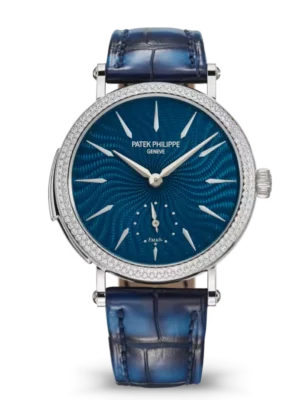 Patek Philippe Grand Complications White gold and Hand-guilloched swirling pattern dial "Flamme®" diamonds setting Bezel ocean blue Alligator leather Strap Ref. 7040/250G-001