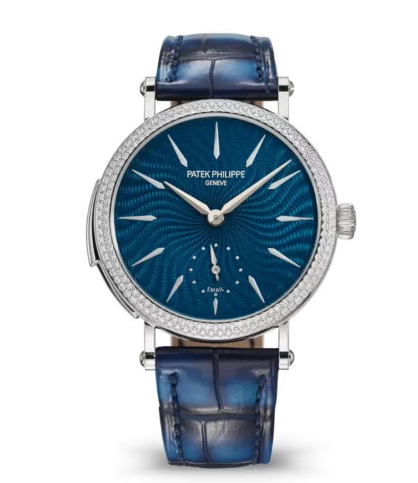 Patek Philippe Grand Complications White gold and Hand-guilloched swirling pattern dial "Flamme®" diamonds setting Bezel ocean blue Alligator leather Strap Ref. 7040/250G-001