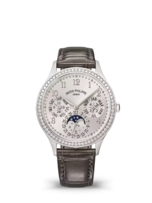 Patek Philippe Grand Complications White gold and Silvery sunburst dial diamond set bezel gray Alligator leather Strap Ref. 7140G-001