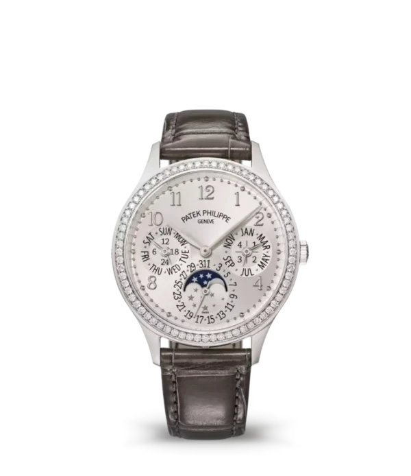 Patek Philippe Grand Complications White gold and Silvery sunburst dial diamond set bezel gray Alligator leather Strap Ref. 7140G-001